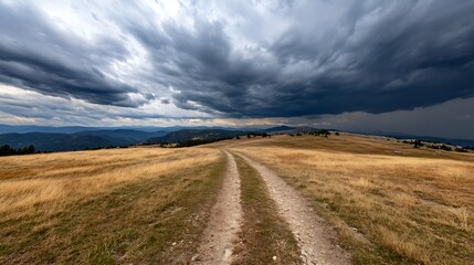 Fototapeta premium Scenic Mountain Road Under Dramatic Dark Clouds Amidst Nature : Generative AI