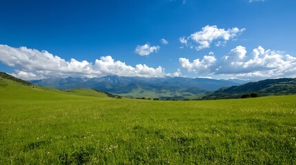 Fototapeta premium Expansive green landscape with rolling hills and blue sky filled with fluffy clouds showcasing natural beauty : Generative AI