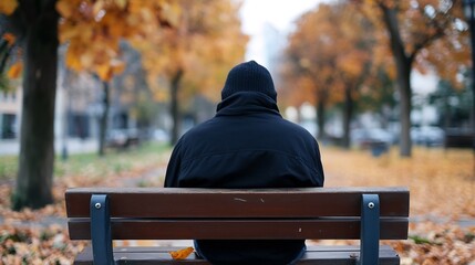 Fototapeta premium A Lonely Individual Sitting on a Park Bench Surrounded by Lush Autumn Leaves : Generative AI
