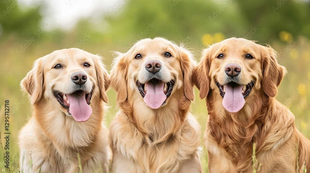 Poster Three happy golden retrievers sitting in a field enjoying a sunny day together with playful expressions : Generative AI