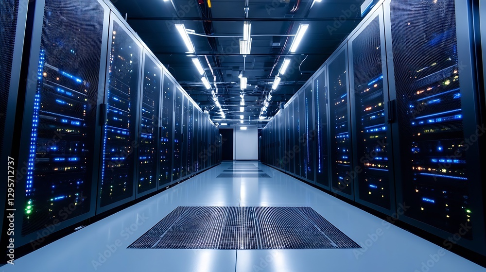 Poster High tech data center room filled with server racks and advanced equipment illuminated by bright LED lights : Generative AI