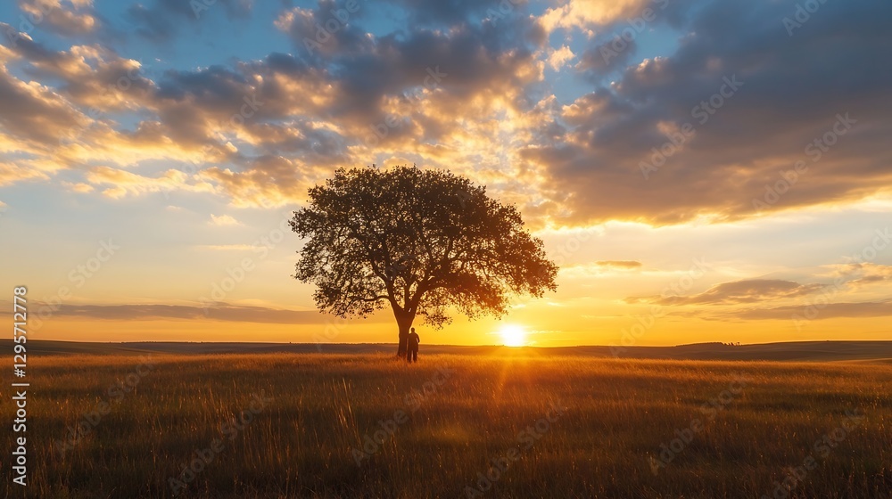 Poster stunning sunset with a solitary tree silhouetted against the horizon in an open field : generative a