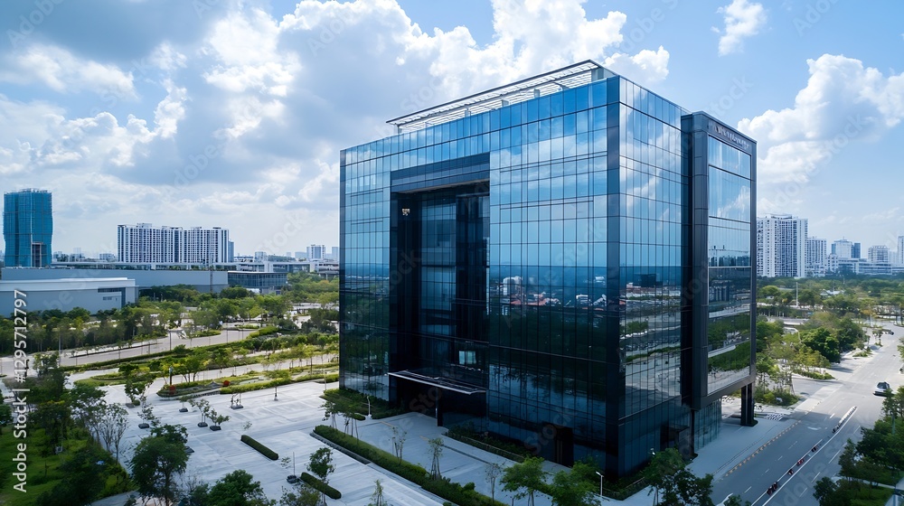 Poster sleek modern business building surrounded by green spaces and a clear sky : generative ai