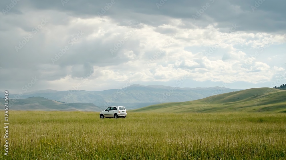 Poster Lone vehicle parked on expansive green field with rolling hills and dramatic clouds creating a serene landscape : Generative AI