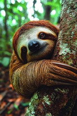Fototapeta premium A sloth is hanging upside down on a tree