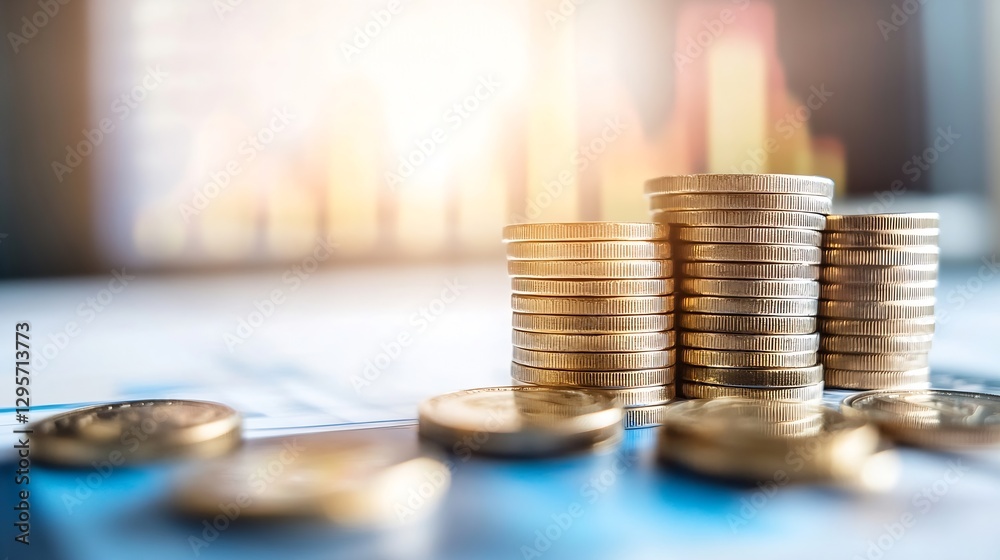 Poster stack of coins on financial documents displaying wealth management and business growth : generative 