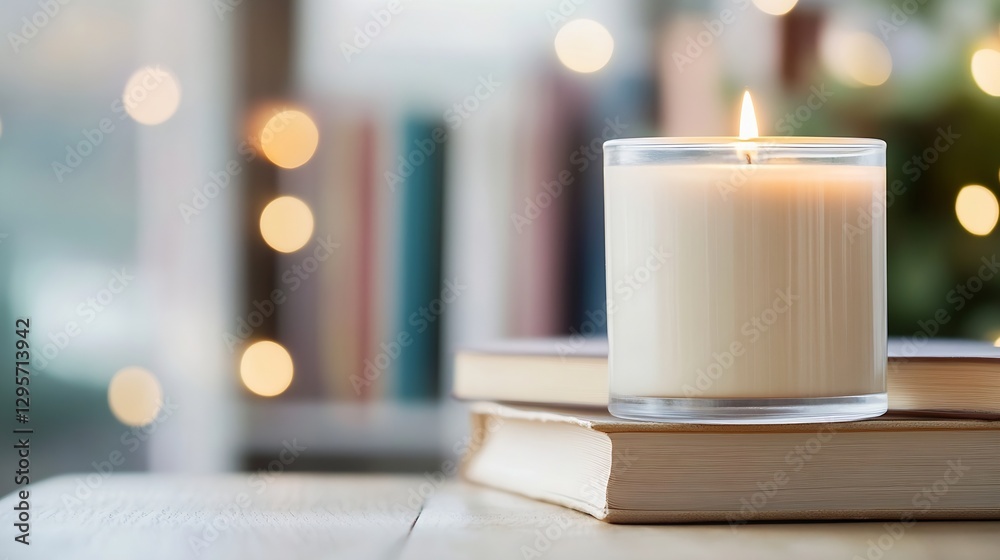 Poster a serene candle resting on books emits warm light while a cozy background creates a tranquil atmosph