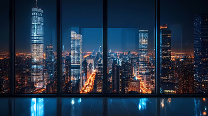 City Skyline at Night with Illuminated Roads
