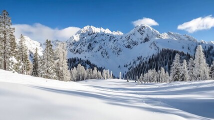Stunning Alpine Landscape with Snow-Capped Mountains and Evergreen Trees in a Winter Wonderland : Generative AI
