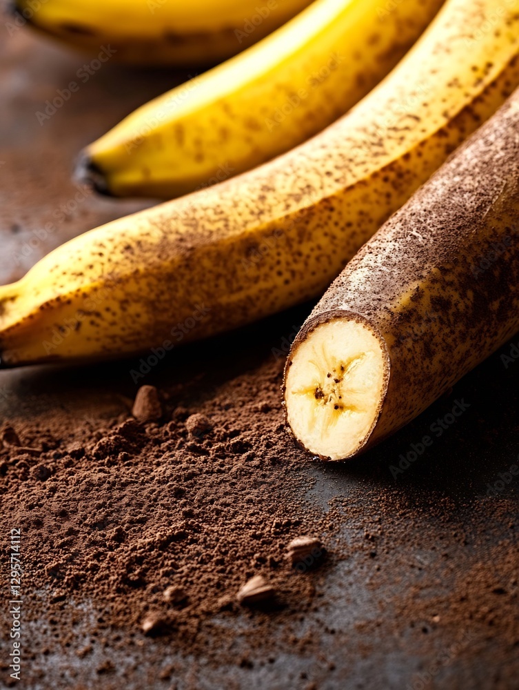 Aufkleber ripe bananas on table with ground coffee next to sliced end for flavorful beverages : generative ai