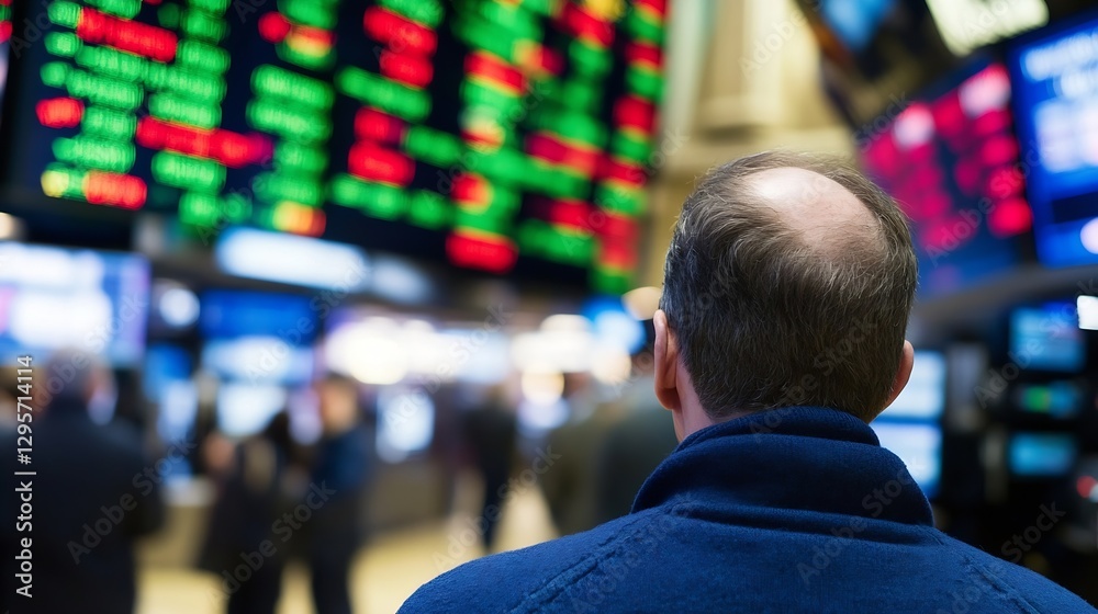 Poster focused businessman analyzing stock market trends on digital screens in a trading floor : generative