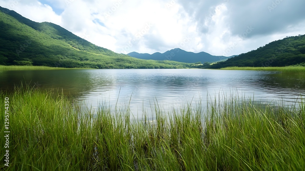 Poster breathtaking view of a tranquil lake surrounded by mountains and greenery under a blue sky : generat