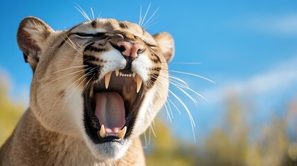 Obraz premium Majestic Lioness Roaring Under a Bright Blue Sky Creating an Intense Animal Portrait : Generative AI