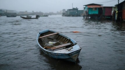 Obraz premium Lonely Weathered Boat Floating in Rainy Waters of a Fishing Village : Generative AI
