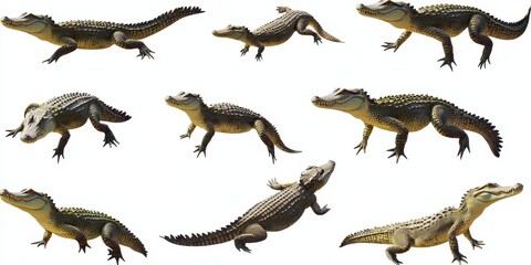 Fototapeta premium Realistic Illustrations of Different Crocodile Species in Various Poses for Educational and Artistic Use in Natural History Contexts