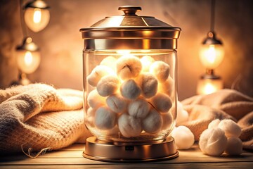 Vintage Cotton Ball Dispenser Cleaner with Glowing Rim - Sepia High-Key Stock Photo