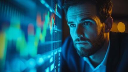 Concentrated businessman analyzing data on computer screen at night