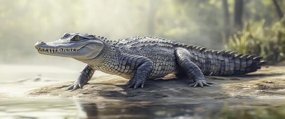 Realistic portrayal of a crocodile resting on a riverbank in a serene natural environment surrounded by soft morning light and vibrant greenery