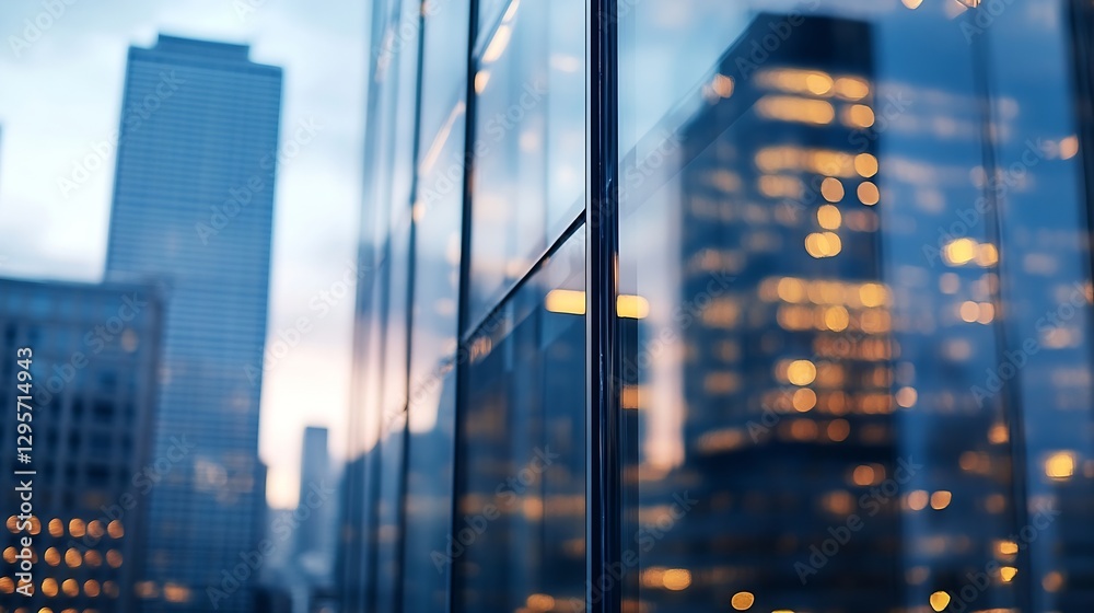 Poster modern urban building facade reflecting city lights at dusk creating a vibrant and dynamic city atmo