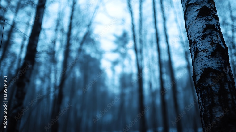Poster foggy birch trees in cold winter landscape create mysterious atmosphere : generative ai