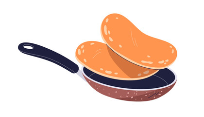 Crepes flipping in frying pan. Hot pancakes flying in air over skillet during preparation. Cook process. Cooking homemade breakfast food. Flat vector illustration isolated on white background