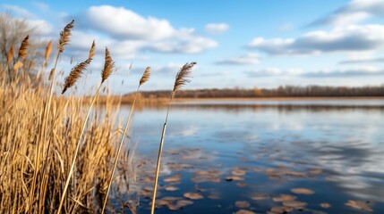 Tranquil Lakeside View with Reeds and Reflective Water Under a Beautiful Sky : Generative AI