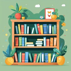 bookshelf on plain green background childish style illustration