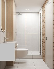 A modern bathroom with a minimalist design, featuring a floating vanity, wall-mounted toilet, and a glass-enclosed shower. Light wood and white tones create a warm, airy feel