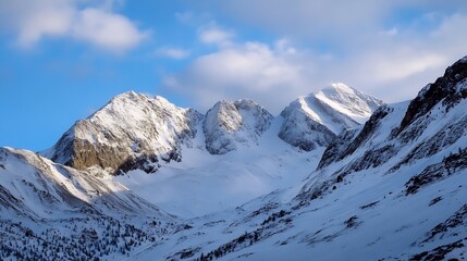 Naklejka premium Majestic snow capped mountain range under a clear blue sky showcasing the beauty of winter landscape : Generative AI
