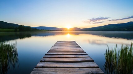 Breathtaking sunset over a calm lake with a wooden dock extending into the water : Generative AI