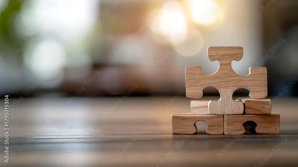 Poster Wooden Puzzle Pieces Stacked on Table with Natural Light Bokeh Background : Generative AI