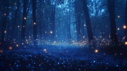 Enchanting Deep Midnight Blue Forest with Vibrant Light Effects