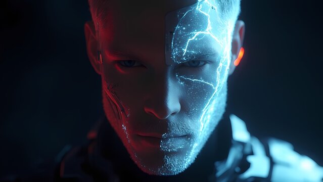 Epic, futuristic sci-fi scene with a close-up on a man's face.  The left half is human (white skin, blue eyes, short hair), the right half cyborg.