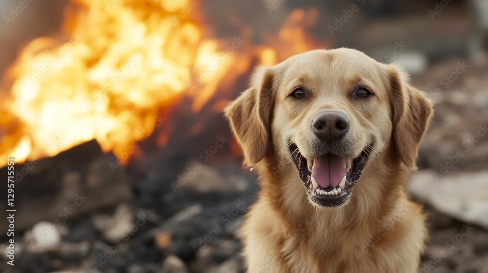 Poster happy golden retriever dog posing in front of a warm fire creating a joyful and playful atmosphere :