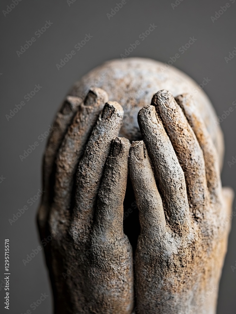 Poster realistic sculpture of a person's hands covering their face conveying despair and introspection : ge