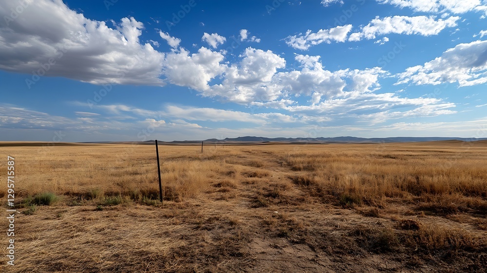 Poster expansive golden wheat field under a dramatic blue sky with scattered clouds in a serene landscape :