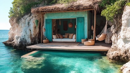 A cozy beachside cabin retreat nestled against rocky cliffs, with a natural pool merging seamlessly with turquoise ocean waters.