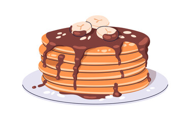 Pancakes stack with chocolate syrup dripping and banana topping. Sweet crepes dessert, american pan cakes served on plate. Breakfast dish, food. Flat vector illustration isolated on white background