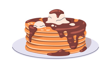 Pancakes stack with chocolate syrup dripping and ice-cream. Sweet crepes, dessert, pan cakes served on plate with choco and icecream topping. Flat vector illustration isolated on white background