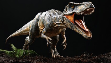 Obraz premium Realistic Tyrannosaurus Rex Model Roaring with Open Mouth Against Dark Background Surrounded by Ferns and Earthy Terrain