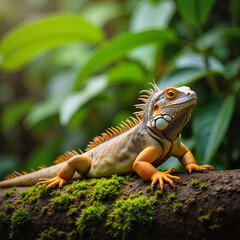 Fototapeta premium Iguana lying on a moss-covered rock in a humid tropical forest