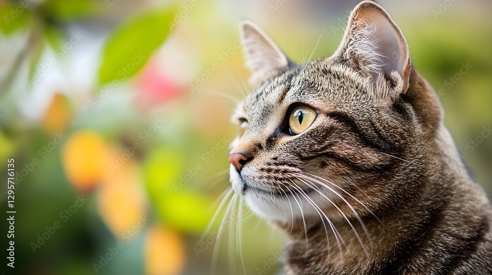 Poster striking portrait of a tabby cat gazing thoughtfully into the distance amidst colorful foliage : gen