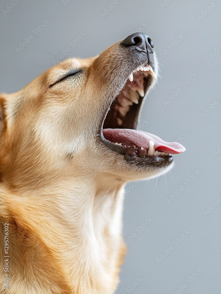 Poster golden retriever dog yawning widely showcasing its teeth and relaxed demeanor in soft tones : genera