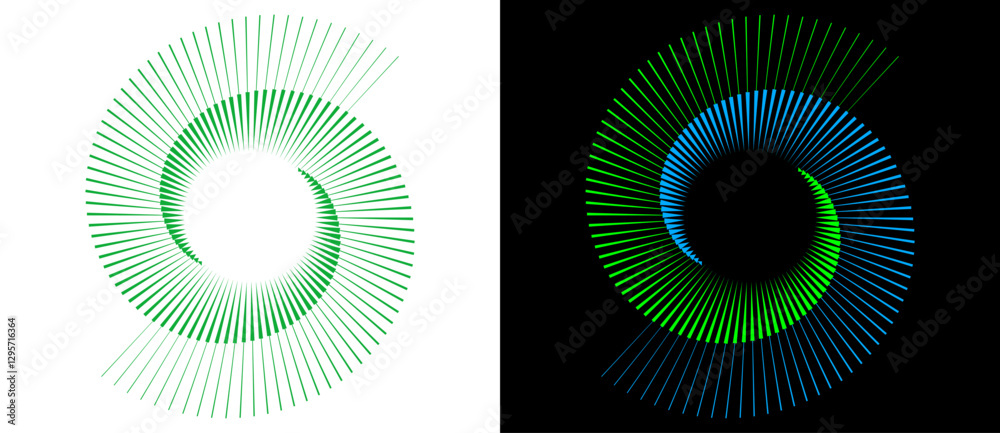 Aufkleber spiral with green colors lines on white background and blue-green on black background as dynamic abs