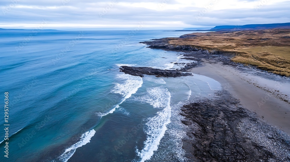 Poster aerial view of rocky beach with waves and dramatic cloudy sky on a coastal landscape : generative ai