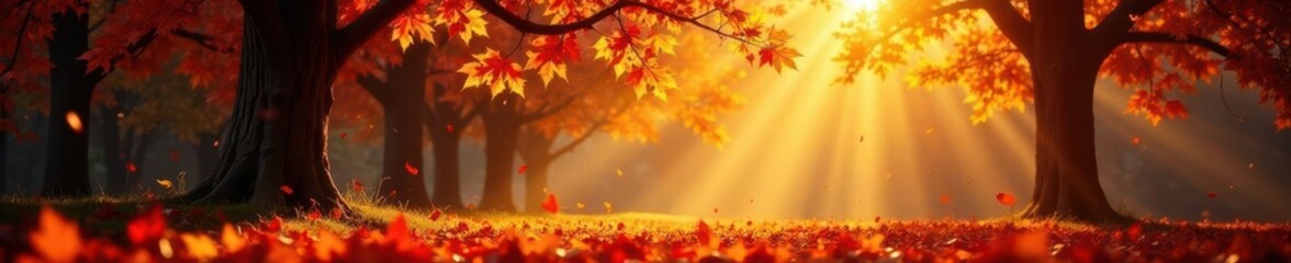 Fototapeta premium Golden sunlight filters through crimson & gold foliage, creating dappled light on ground, gold, forest scene, foliage