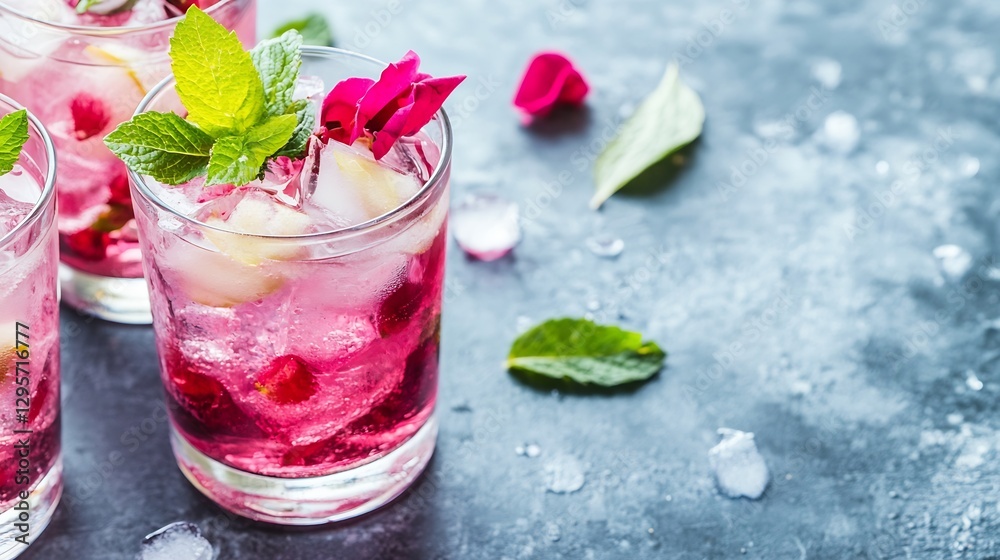 Poster refreshing cocktail drinks with ice and mint garnishing capturing summer vibes and relaxation : gene