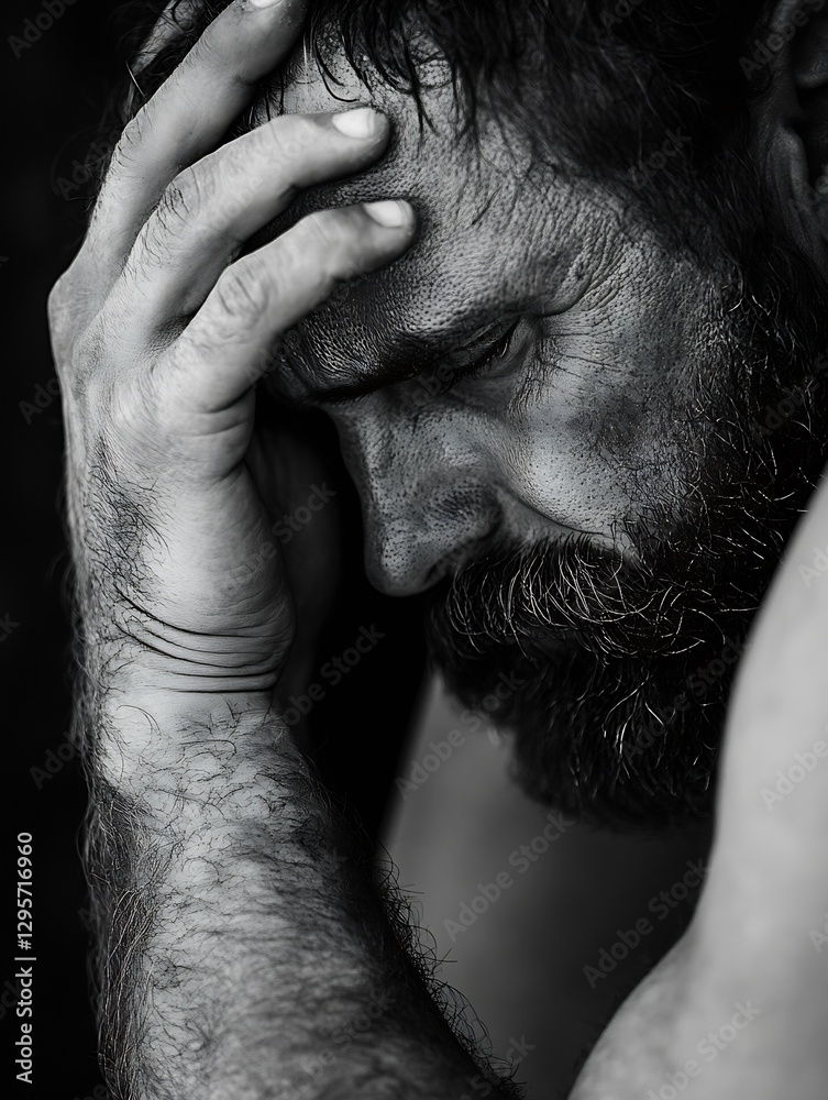 Poster a thoughtful man with a beard experiencing deep emotions captured in a striking black and white phot