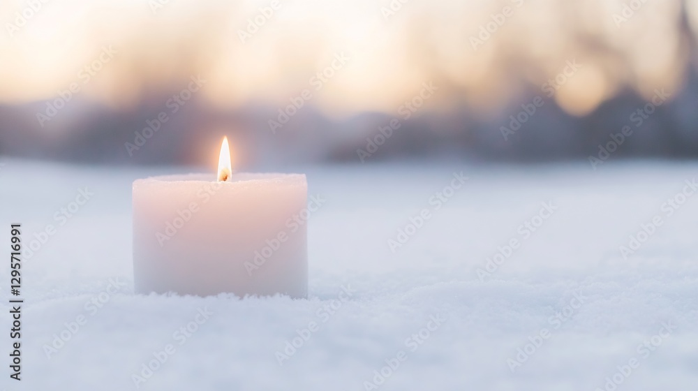 Aufkleber Glowing white candle on soft snow backdrop creating a calming winter scene : Generative AI