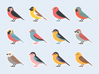 Set of twelve birds with different colors and sizes